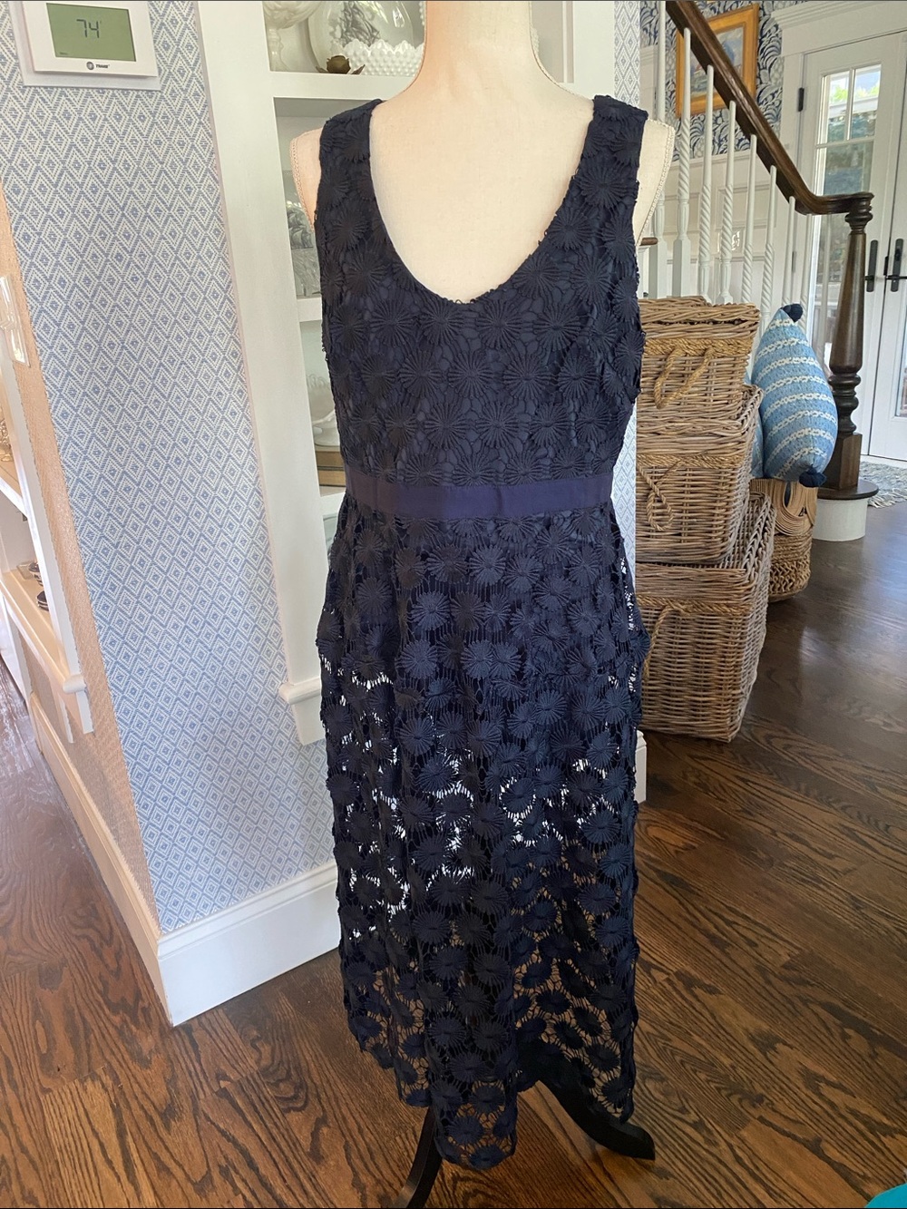Trina Turk Navy Floral Lace Sleeveless Midi Dress